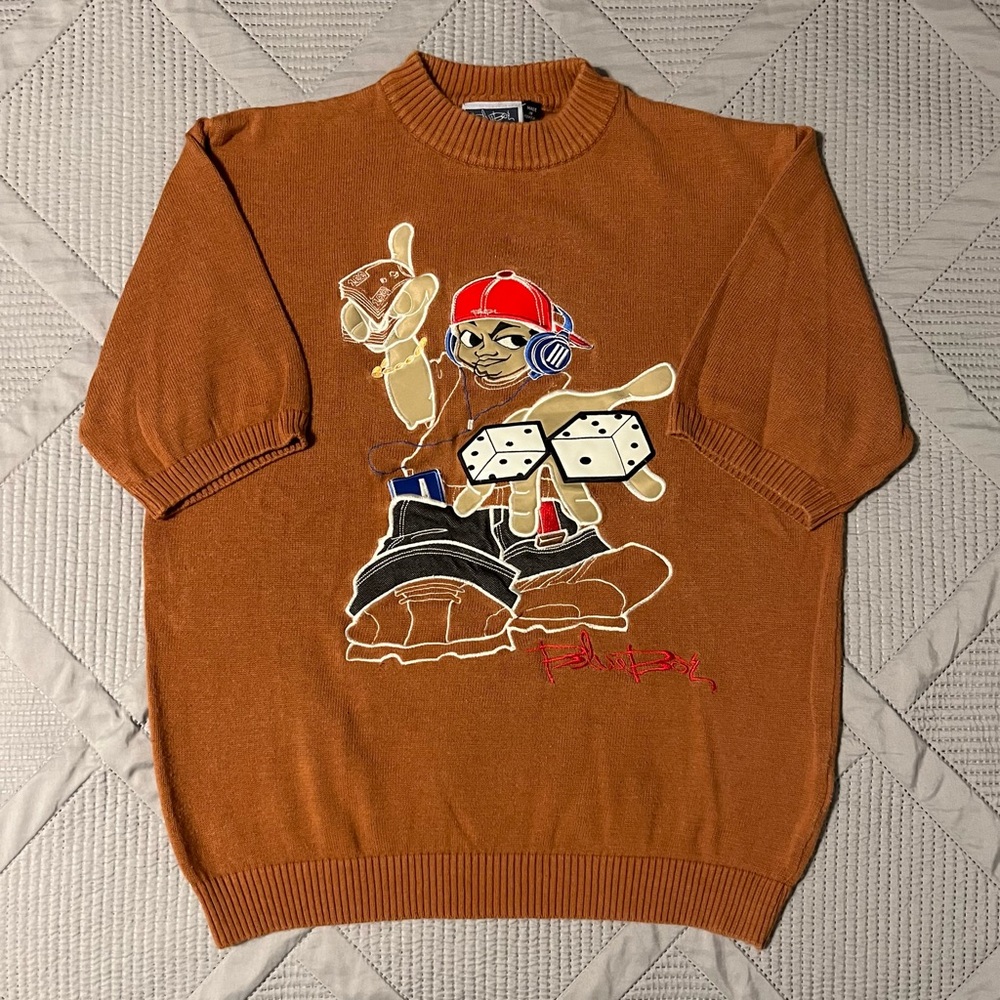 Vintage Blue Boy Womens Embroidered Short Sleeved Sweater (M)